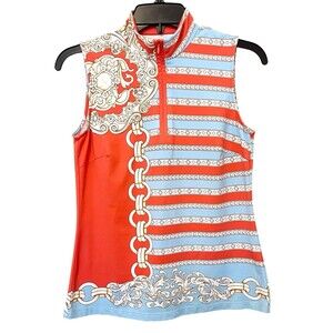 J MCLAUGHLIN Orange Blue Nautical 1/4 Zip Sleeveless Top Catalina Golf Tennis XS